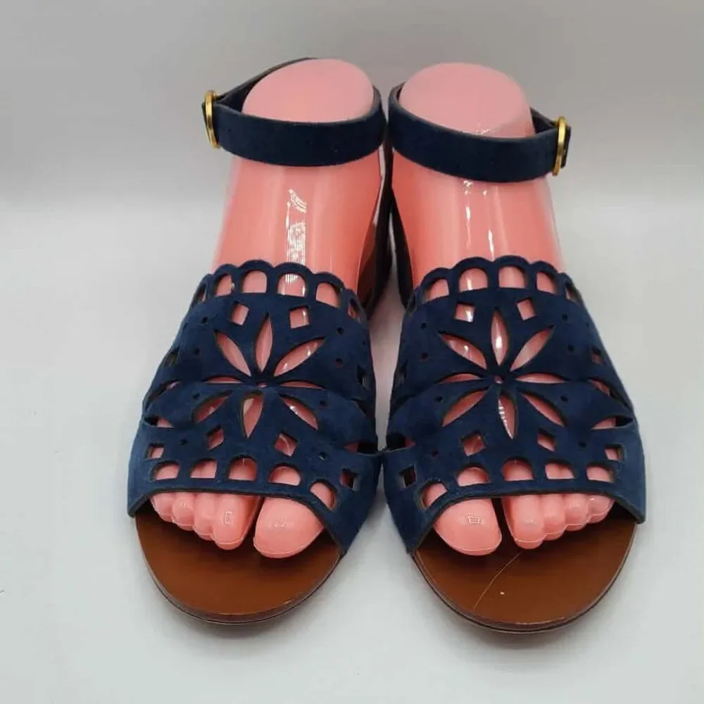 Tory Burch May Flat Lancaster Navy Ankle Strap Sandals size 7M